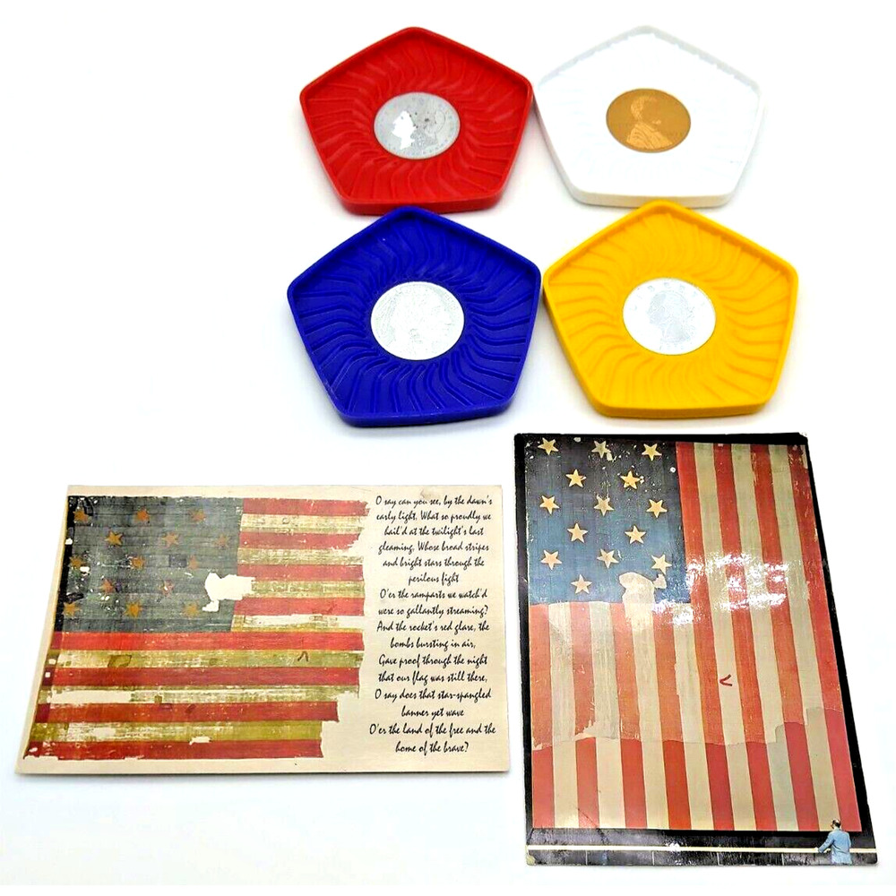 Vintage 70's American Coin Coasters Plastic 3.5 In & Two American Flag Postcards
